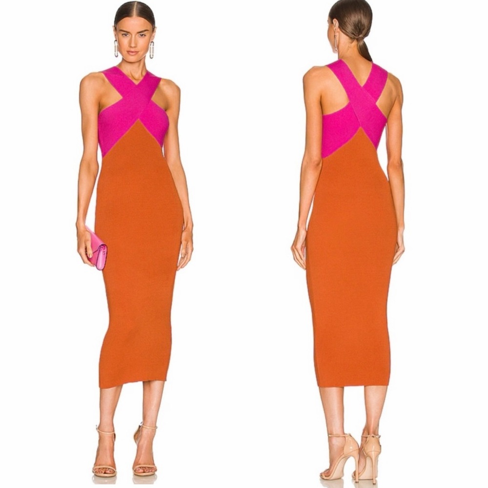 Le Superbe Color Block Knit Crossover Ribbed Knit Sleeveless Midi Dress Small